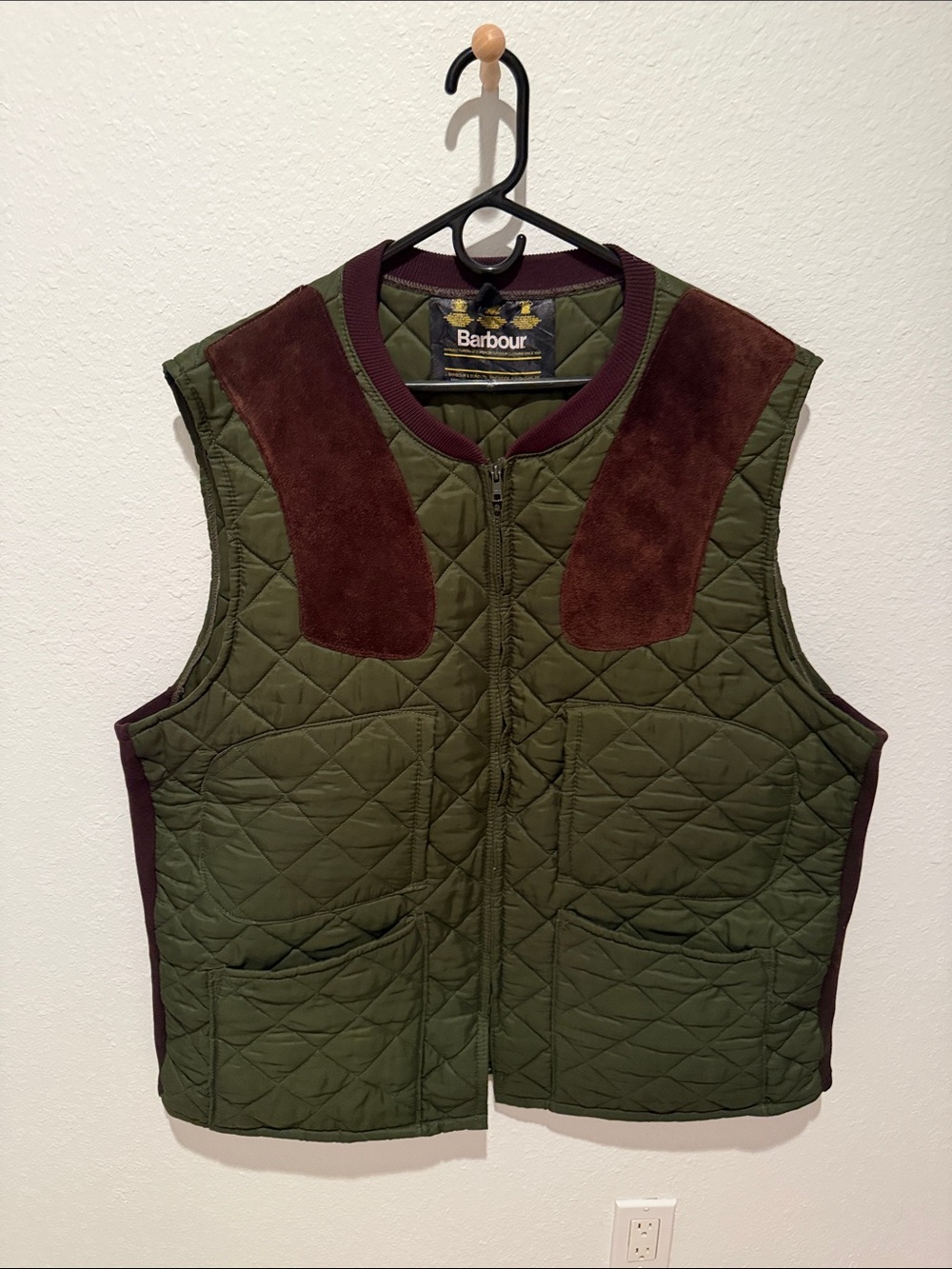 Barbour Olive Quilted Vest with Brown Suede Shoulder Patches